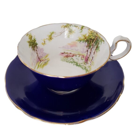 Vintage Aynsley English Bone China Cobalt Cup Saucer Woodland Scene Rare